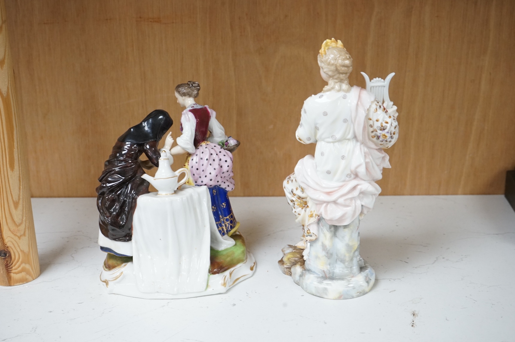 A Ludwigburg style group and a Volkstedt figure of a lyre player, 20cm high
